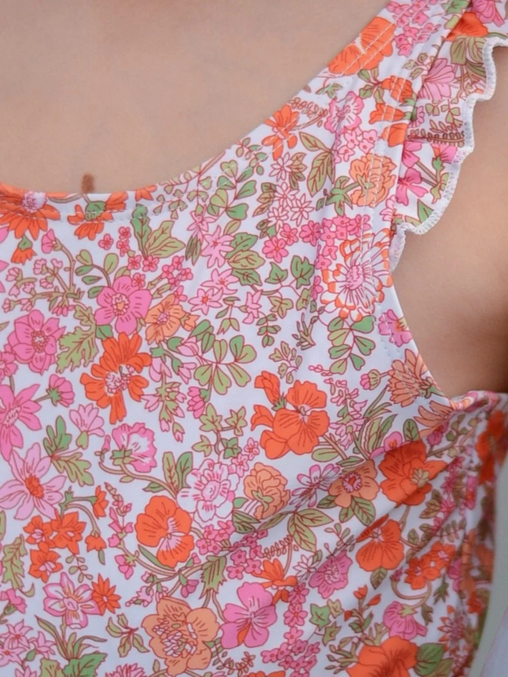 Girls' Pink & Orange Floral One-Piece Swimsuit with Ruffled Straps